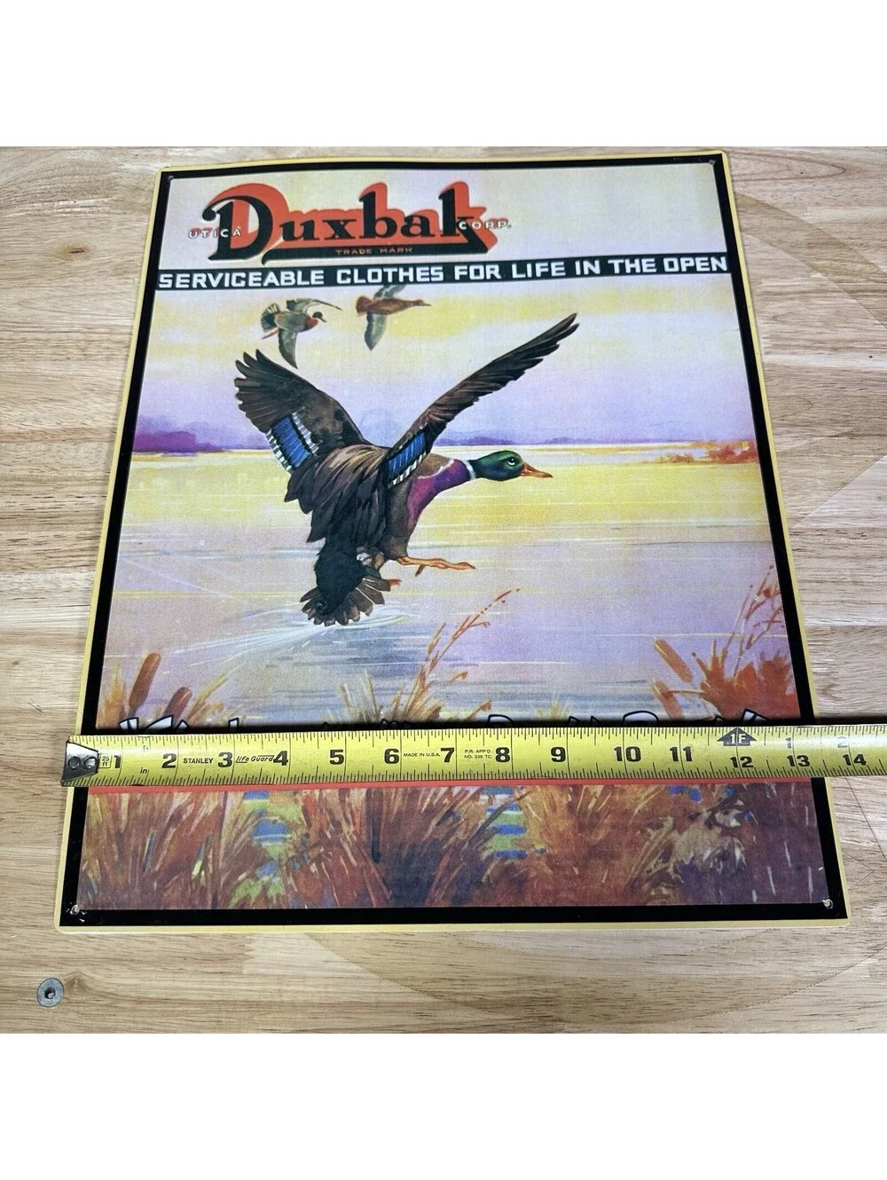 Vintage Duxbak Hunter Clothing Sign Metal Tin 17” x 13.75” Duck Hunting Decor